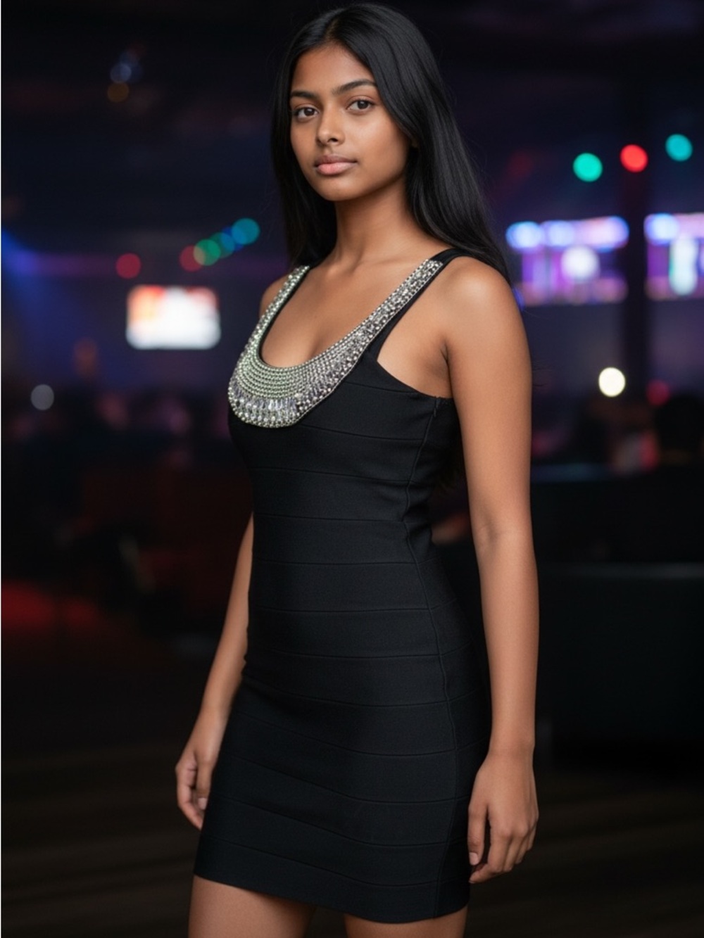 INC International Concepts Black Jeweled Neck Mini Dress